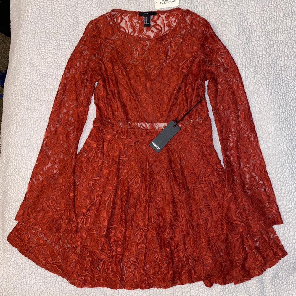 Red Rust Lace Long Sleeve Dress